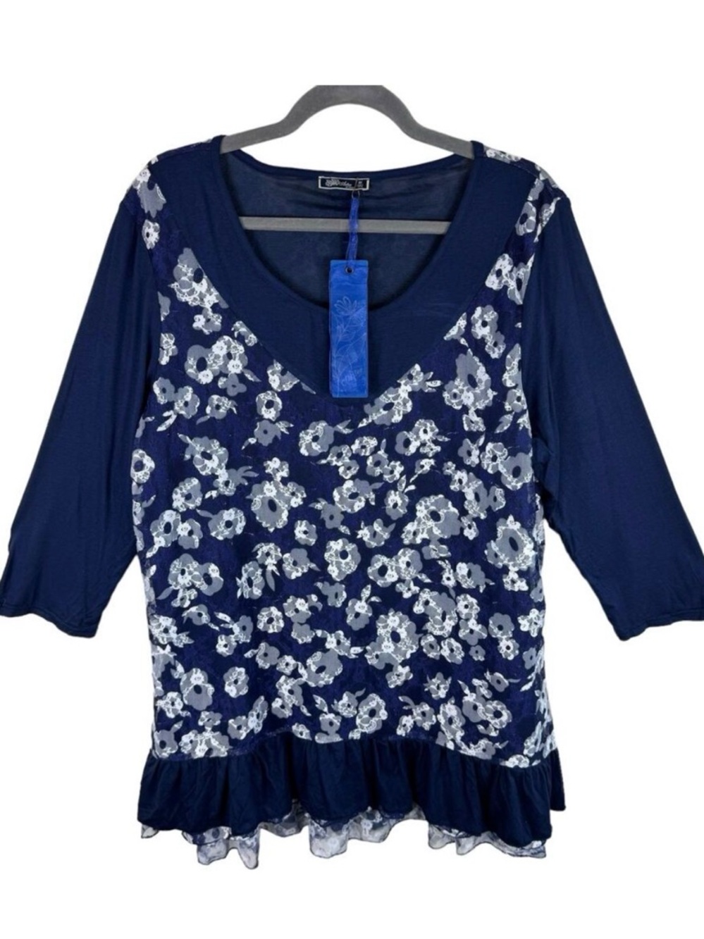 Simply Aster By Firmiana NWT Navy Blue Floral 3/4 Sleeve Ruffled Blouse Size 2X‎